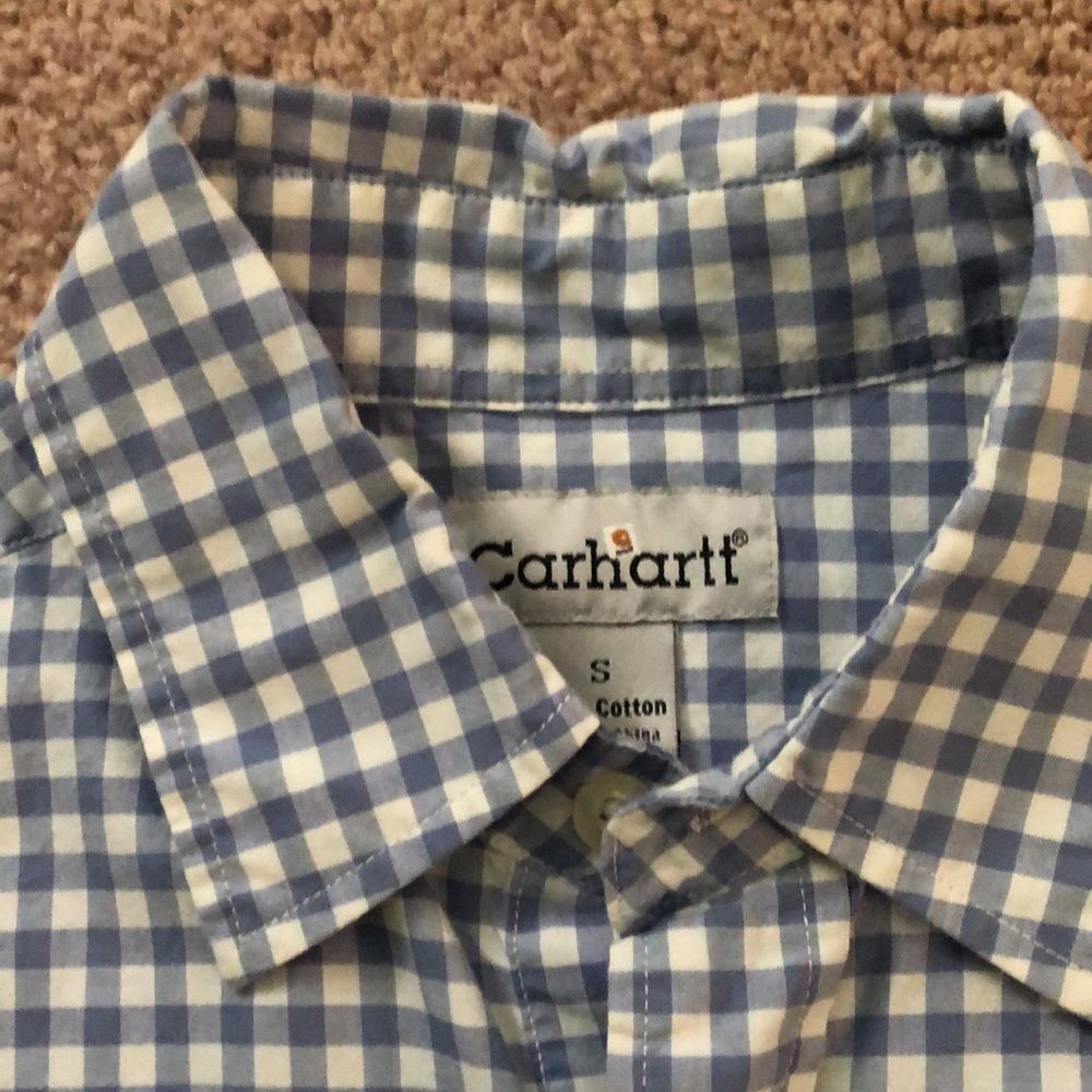 Carhartt- blue and white plaid button down short sleeve- small - Picture 2 of 8